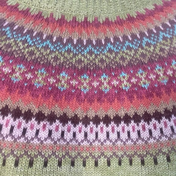 VTG Tiara International Sweater Women L Green Fair Isle Full Button Cotton Blend - Picture 5 of 9